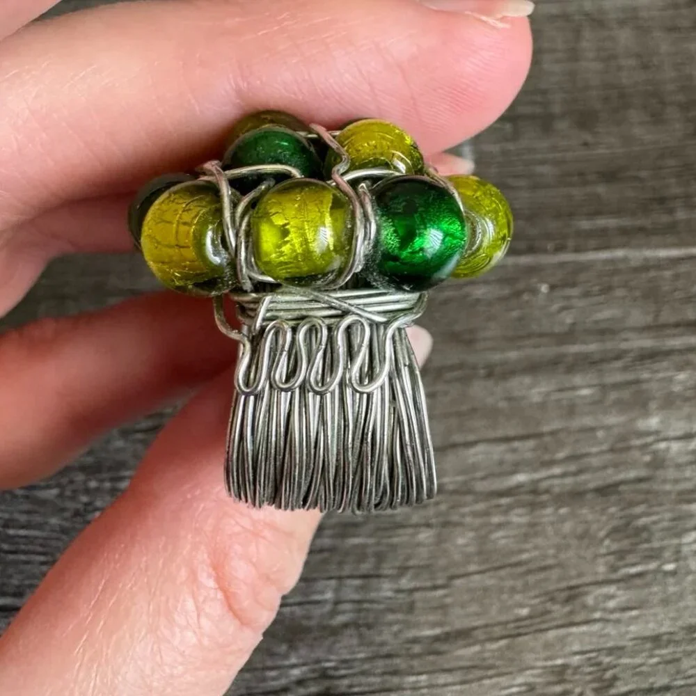 Handmade Wire-Wrapped Stainless Ring with Green & Yellow Glass Beads Size, 5.5